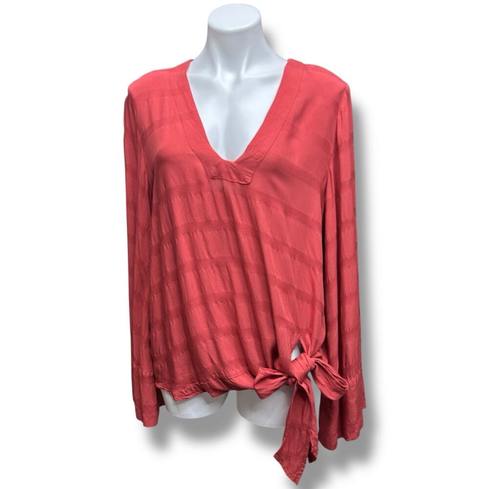 Free People Shirt Bell Sleeve Side Bow Tie Deep V Blouse Relaxed Boho Rust Sz L